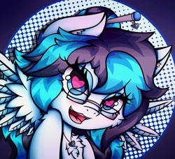 Size: 3169x2894 | Tagged: safe, artist:canvymamamoo, oc, oc only, oc:canvy, pegasus, pony, abstract background, chest fluff, circle background, ear fluff, fangs, female, hair bun, heart eyes, high res, jewelry, lidded eyes, looking at you, mare, necklace, open mouth, smiling, solo, spread wings, wingding eyes, wings