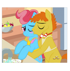 Size: 5000x5100 | Tagged: safe, artist:amgiwolf, carrot cake, cup cake, earth pony, pony, g4, apron, base used, bipedal, canon couple, clothes, female, housewife, hug, hug from behind, husband and wife, kitchen, male, mare, married couple, shipping, stallion