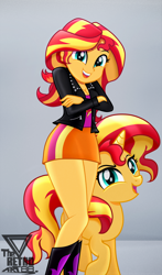 Size: 1100x1867 | Tagged: safe, artist:theretroart88, sunset shimmer, human, pony, unicorn, equestria girls, g4, breasts, cleavage, clothes, cute, duo, female, human ponidox, jacket, leather jacket, legs, looking at you, open mouth, open smile, self ponidox, shimmerbetes, smiling, solo, sunset shimmer day