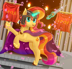 Size: 3000x2879 | Tagged: safe, alternate version, artist:divifilly, sunset shimmer, pony, unicorn, g4, banner, brooch, cape, clasp, cloak, clothes, female, gladius, glowing, glowing horn, helmet, high res, horn, jewelry, magic, magic aura, mare, open mouth, open smile, smiling, solo, sword, telekinesis, weapon