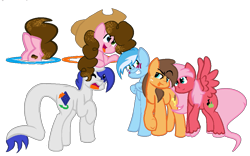 Size: 1105x690 | Tagged: safe, artist:xndrwater, oc, oc only, oc:aerial thunder, oc:cocoa butter, oc:dragon fire, oc:powdered cake, oc:sweet apple, dracony, earth pony, hybrid, pegasus, pony, accessory theft, cowboy hat, female, freckles, hat, interspecies offspring, male, mare, now you're thinking with portals, offspring, parent:applejack, parent:big macintosh, parent:caramel, parent:cheese sandwich, parent:fluttershy, parent:pinkie pie, parent:rainbow dash, parent:rarity, parent:soarin', parent:spike, parents:carajack, parents:cheesepie, parents:fluttermac, parents:soarindash, parents:sparity, portal, simple background, stallion, transparent background