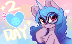 Size: 1920x1200 | Tagged: safe, artist:oofycolorful, part of a set, izzy moonbow, pony, unicorn, g5, 2, bust, chest fluff, countdown, cute, cutie mark, female, glasses, heart, hoof on chin, izzybetes, looking at you, mare, round glasses, smiling, solo