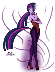 Size: 985x1280 | Tagged: safe, artist:atalix, sci-twi, twilight sparkle, equestria girls, g4, bowtie, bunny suit, clothes, cuffs (clothes), fake ears, fake tail, headband, legs, leotard, outfit, pantyhose, playboy bunny, pony ears, solo