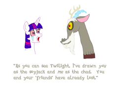 Size: 1494x1043 | Tagged: safe, artist:moonlight bloom, discord, twilight sparkle, draconequus, pony, unicorn, g4, angry, chad, crying, dialogue, duo, female, male, mare, meme, nordic gamer, ponified meme, soyjak, tears of anger, unicorn twilight, wojak, your argument is invalid