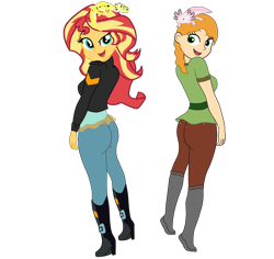 Size: 4200x3960 | Tagged: safe, artist:gmaplay, ray, sunset shimmer, axolotl, gecko, leopard gecko, equestria girls, g4, alex, ass, boots, bunset shimmer, butt, crossover, duo, duo female, female, high heel boots, minecraft, shoes, simple background, sunset shimmer day, transparent background