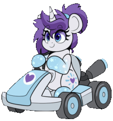 Size: 522x560 | Tagged: safe, artist:partypievt, oc, oc only, oc:indigo wire, pony, unicorn, animated, car, cart, driving, eye clipping through hair, eyebrows, eyebrows visible through hair, gif, go kart, gradient hooves, kart, mario kart, ponytail, sitting, solo