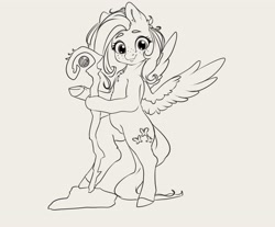 Size: 2940x2440 | Tagged: safe, artist:miokomata, fluttershy, pegasus, pony, g4, bipedal, chest fluff, female, freckles, freckleshy, grayscale, high res, hoof hold, looking at you, mare, monochrome, smiling, smiling at you, solo, staff