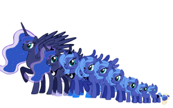 Size: 872x546 | Tagged: safe, artist:soft_angel, princess luna, alicorn, pony, unicorn, g4, age progression, baby, baby pony, closed mouth, crown, eyes open, female, filly, hoof shoes, horn, jewelry, looking at you, mare, open mouth, regalia, s1 luna, simple background, smiling, smiling at you, spread wings, standing up, swaddling, three quarter view, transparent background, ultimate luna, wings, woona, younger
