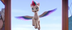 Size: 2048x857 | Tagged: safe, screencap, zipp storm, pegasus, pony, g5, my little pony: a new generation, spoiler:my little pony: a new generation, 3d, adorazipp, colored wings, cute, dreamworks face, female, flying, mare, open mouth, open smile, raised eyebrow, smiling, solo, spread wings, station, unshorn fetlocks, wings, zephyr heights, zephyr heights terminal