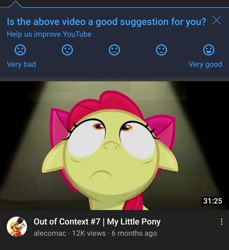 Size: 1080x1179 | Tagged: safe, screencap, apple bloom, earth pony, pony, bloom & gloom, g4, season 5, apple bloom's bow, bow, cropped, female, filly, floppy ears, hair bow, out of context, solo, youtube