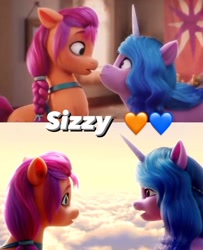 Size: 1080x1329 | Tagged: safe, artist:luigigamer25, edit, edited screencap, screencap, izzy moonbow, sunny starscout, earth pony, pony, unicorn, g5, my little pony: a new generation, spoiler:my little pony: a new generation, 3d, cloud, eye contact, female, lesbian, looking at each other, mare, open mouth, ship:moonscout, shipping