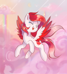 Size: 1000x1100 | Tagged: safe, artist:finlywhisk, artist:whiskyice, oc, oc only, oc:making amends, pegasus, pony, colored wings, commission, eyes closed, flying, open mouth, open smile, smiling, solo, two toned wings, wings, ych result