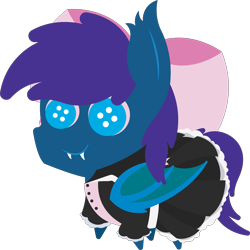 Size: 5758x5754 | Tagged: safe, artist:tikibat, derpibooru exclusive, oc, oc only, oc:stardust, oc:stardust(cosmiceclipse), bat pony, pony, bat pony oc, bat wings, button eyes, clothes, dress, ear fluff, eyeshadow, fangs, maid, makeup, male, membranous wings, plushy ponies, simple background, socks, solo, stallion, striped socks, transparent background, wings