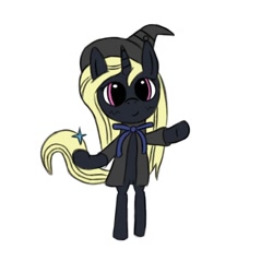 Size: 1000x1000 | Tagged: safe, artist:symphonydawn3, oc, oc only, oc:rationale darkness, unicorn, semi-anthro, arm hooves, bipedal, clothes, dilated pupils, female, hat, horn, looking at you, mare, robe, simple background, smiling, smiling at you, solo, standing, standing on two hooves, unicorn oc, white background, witch, witch hat