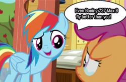 Size: 2948x1928 | Tagged: safe, edit, edited screencap, screencap, rainbow dash, scootaloo, pegasus, pony, g4, the last crusade, boeing 737, brutal honesty, clubhouse, crusaders clubhouse, crying, dialogue, female, filly, floppy ears, folded wings, mare, op is a duck, open mouth, out of character, rainbow douche, sad, speech bubble, wings