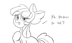 Size: 1693x1024 | Tagged: safe, artist:uslessdoodler, apple bloom, earth pony, pony, g4, female, filly, looking at you, solo, text