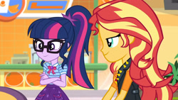 Size: 3410x1920 | Tagged: safe, screencap, sci-twi, sunset shimmer, twilight sparkle, equestria girls, equestria girls specials, g4, my little pony equestria girls: better together, my little pony equestria girls: rollercoaster of friendship, bowtie, clothes, crossed arms, cute, cutie mark, cutie mark on clothes, female, geode of empathy, geode of telekinesis, glasses, high res, jacket, jewelry, leather, leather jacket, magical geodes, necklace, ponytail, sci-twiabetes, smiling, twiabetes