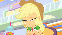 Size: 3410x1920 | Tagged: safe, screencap, applejack, equestria girls, equestria girls specials, g4, my little pony equestria girls: better together, my little pony equestria girls: rollercoaster of friendship, applejack's hat, clothes, cowboy hat, cutie mark, cutie mark on clothes, female, geode of super strength, hat, high res, jewelry, lidded eyes, magical geodes, necklace, smiling, solo