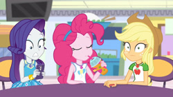 Size: 3410x1920 | Tagged: safe, screencap, applejack, pinkie pie, rarity, equestria girls, equestria girls specials, g4, my little pony equestria girls: better together, my little pony equestria girls: rollercoaster of friendship, applejack's hat, bracelet, cellphone, clothes, cowboy hat, cutie mark, cutie mark on clothes, drinking, eyes closed, female, geode of shielding, geode of sugar bombs, geode of super strength, hat, high res, jewelry, magical geodes, necklace, phone, rarity peplum dress, smartphone