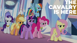 Size: 1280x720 | Tagged: safe, edit, edited screencap, editor:quoterific, screencap, applejack, fluttershy, pinkie pie, rainbow dash, rarity, twilight sparkle, alicorn, earth pony, pegasus, pony, unicorn, g4, season 9, the beginning of the end, applejack's hat, cowboy hat, element of generosity, element of honesty, element of kindness, element of laughter, element of loyalty, element of magic, elements of harmony, female, flying, hat, mane six, mare, twilight sparkle (alicorn)