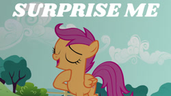 Size: 1280x720 | Tagged: safe, edit, edited screencap, editor:quoterific, screencap, scootaloo, pegasus, pony, g4, season 5, the one where pinkie pie knows, eyes closed, female, filly, open mouth, solo