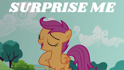 Size: 1280x720 | Tagged: safe, edit, edited screencap, editor:quoterific, screencap, scootaloo, pegasus, pony, g4, my little pony: friendship is magic, season 5, the one where pinkie pie knows, eyes closed, female, filly, open mouth, solo