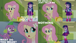 Size: 1280x720 | Tagged: safe, edit, edited screencap, editor:quoterific, screencap, fluttershy, spike, twilight sparkle, dog, equestria girls, g4, my little pony equestria girls, boots, clothes, cutie mark, cutie mark on clothes, female, hairpin, lockers, male, open mouth, shoes, smiling, spike the dog