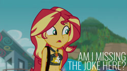 Size: 1280x720 | Tagged: safe, edit, edited screencap, editor:quoterific, screencap, sunset shimmer, equestria girls, equestria girls series, forgotten friendship, g4, bare shoulders, beach, belly button, bikini, clothes, cutie mark, cutie mark on clothes, female, geode of empathy, jewelry, magical geodes, necklace, open mouth, purse, sarong, sleeveless, solo, swimsuit