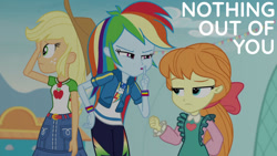 Size: 1280x720 | Tagged: safe, edit, edited screencap, editor:quoterific, screencap, applejack, megan williams (g4), rainbow dash, equestria girls, equestria girls specials, g4, my little pony equestria girls: better together, my little pony equestria girls: rollercoaster of friendship, applejack's hat, belt, clothes, cowboy hat, cutie mark, cutie mark on clothes, denim skirt, female, geode of super speed, geode of super strength, hand on hip, hat, hoodie, jewelry, magical geodes, necklace, open mouth, skirt