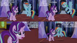 Size: 1280x720 | Tagged: safe, edit, edited screencap, editor:quoterific, screencap, rainbow dash, starlight glimmer, pegasus, pony, unicorn, every little thing she does, g4, season 6, female, flying, mare, open mouth, twilight's castle