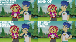 Size: 1280x720 | Tagged: safe, edit, edited screencap, editor:quoterific, screencap, flash sentry, sunset shimmer, equestria girls, g4, my little pony equestria girls: legend of everfree, camp everfree outfits, crossed arms, female, hand on hip, male, one eye closed, open mouth, smiling