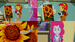Size: 1280x720 | Tagged: safe, edit, edited screencap, editor:quoterific, screencap, pinkie pie, sunset shimmer, equestria girls, g4, my little pony equestria girls: summertime shorts, the art of friendship, :o, brush, easel, female, flower, open mouth, painting, smiling, sunflower