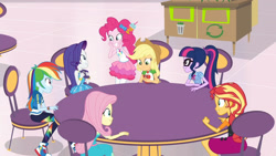 Size: 3410x1920 | Tagged: safe, screencap, applejack, fluttershy, pinkie pie, rainbow dash, rarity, sci-twi, sunset shimmer, twilight sparkle, equestria girls, equestria girls specials, g4, my little pony equestria girls: better together, my little pony equestria girls: rollercoaster of friendship, applejack's hat, bracelet, cellphone, clothes, cowboy hat, cutie mark, cutie mark on clothes, denim skirt, female, geode of sugar bombs, geode of super speed, geode of super strength, geode of telekinesis, glasses, hat, high res, hoodie, humane five, humane seven, humane six, jewelry, magical geodes, necklace, phone, ponytail, rarity peplum dress, shoes, skirt, smartphone, smiling, sneakers