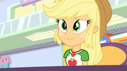 Size: 3410x1920 | Tagged: safe, screencap, applejack, equestria girls, equestria girls specials, g4, my little pony equestria girls: better together, my little pony equestria girls: rollercoaster of friendship, applejack's hat, clothes, cowboy hat, cutie mark, cutie mark on clothes, female, geode of super strength, hat, high res, jewelry, magical geodes, necklace, solo