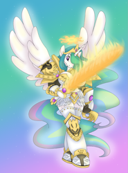 Size: 741x1000 | Tagged: safe, artist:akuoreo, princess celestia, alicorn, anthro, g4, armor, crossover, crown, cutie mark, empress, ethereal mane, ethereal tail, female, fire, flaming sword, flowing mane, flowing tail, god empress of ponykind, gradient background, halo, horn, jewelry, mare, multicolored mane, multicolored tail, power armor, powered exoskeleton, praise the sun, purple eyes, regalia, royalty, solo, sparkles, spread wings, sword, tiara, warhammer (game), warhammer 40k, warrior, warrior celestia, weapon, wings