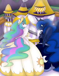 Size: 771x1000 | Tagged: safe, artist:akuoreo, princess celestia, princess luna, alicorn, anthro, g4, canterlot, clothes, dress, duo, female, future, gown, mare, royal sisters, science fiction, siblings, sisters, smiling