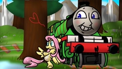 Size: 1024x576 | Tagged: safe, artist:erikschroth, fluttershy, pegasus, pony, g4, crossover, henry the green engine, railroad, thomas and friends, thomas the tank engine, train