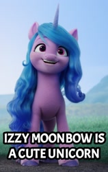 Size: 1076x1700 | Tagged: safe, edit, edited screencap, screencap, izzy moonbow, pony, unicorn, g5, my little pony: a new generation, 3d, captain obvious, cute, eyebrows, eyelashes, female, horn, izzybetes, long mane, mare, open mouth, smiling, solo, teeth, text, truth