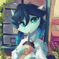 Size: 4096x4096 | Tagged: safe, artist:saxopi, pegasus, pony, absurd resolution, clothes, colored pupils, complex background, drinking, drinking straw, drinking through a straw, ear fluff, eyebrows, eyebrows visible through hair, eyelashes, femboy, feminine stallion, genshin impact, green eyes, looking at you, male, pigtails, plastic cup, ponified, shirt, sitting, smiling, solo, stallion, teeth, trap, venti (genshin impact), white shirt