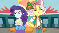 Size: 3410x1920 | Tagged: safe, screencap, rarity, vignette valencia, equestria girls, equestria girls specials, g4, my little pony equestria girls: better together, my little pony equestria girls: rollercoaster of friendship, bracelet, eyes closed, female, hairpin, hand on hip, high res, jewelry, rarity peplum dress, smiling