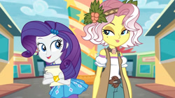 Size: 3410x1920 | Tagged: safe, screencap, rarity, vignette valencia, equestria girls, equestria girls specials, g4, my little pony equestria girls: better together, my little pony equestria girls: rollercoaster of friendship, bracelet, eyes closed, female, hairpin, high res, jewelry, open mouth, rarity peplum dress, smiling