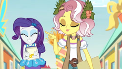 Size: 3410x1920 | Tagged: safe, screencap, rarity, vignette valencia, equestria girls, equestria girls specials, g4, my little pony equestria girls: better together, my little pony equestria girls: rollercoaster of friendship, bracelet, eyes closed, female, grin, hairpin, high res, jewelry, rarity peplum dress, smiling