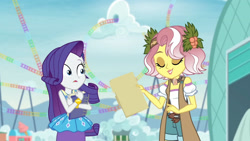 Size: 3410x1920 | Tagged: safe, screencap, rarity, vignette valencia, equestria girls, equestria girls specials, g4, my little pony equestria girls: better together, my little pony equestria girls: rollercoaster of friendship, bracelet, eyes closed, female, hairpin, high res, jewelry, open mouth, rarity peplum dress, smiling