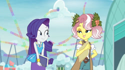 Size: 3410x1920 | Tagged: safe, screencap, rarity, vignette valencia, equestria girls, equestria girls series, g4, rollercoaster of friendship, bracelet, duo, duo female, female, geode of shielding, grin, hairpin, high res, jewelry, looking at each other, magical geodes, rarity peplum dress, smiling, smiling at each other