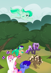 Size: 1042x1500 | Tagged: safe, artist:akuoreo, oc, oc only, butterfly, earth pony, pegasus, pony, unicorn, adventure, forest, tree