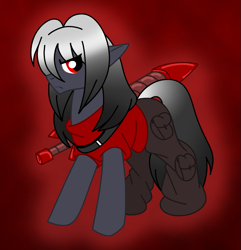Size: 963x1000 | Tagged: safe, artist:akuoreo, oc, oc only, elf pony, original species, pony, cargo pants, clothes, male, pants, shirt, solo, sword, weapon