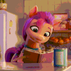 Size: 536x536 | Tagged: safe, screencap, sunny starscout, earth pony, pony, g5, my little pony: a new generation, spoiler:my little pony: a new generation, 3d, animated, beans, book, cropped, cute, female, floppy ears, food, gif, i watch it for the ears, izzy's beans, kitchen, solo, sunnybetes