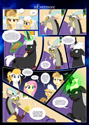 Size: 3259x4607 | Tagged: safe, artist:estories, discord, fluttershy, oc, oc:alice goldenfeather, oc:comet, oc:fable, oc:golden jewel, oc:möbius, draconequus, earth pony, pegasus, phoenix, pony, unicorn, comic:nevermore, g4, angry, brother and sister, comic, couch, cross-popping veins, cup, female, glowing, glowing horn, hat, high res, horn, magic, male, mother and child, mother and daughter, mother and son, pegasus oc, siblings, speech bubble, teacup, telekinesis, unicorn oc