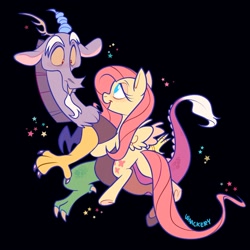 Size: 2239x2239 | Tagged: safe, artist:waackery, discord, fluttershy, draconequus, pegasus, pony, g4, black background, confetti, embrace, female, high res, looking at each other, male, mare, no pupils, ship:discoshy, shipping, signature, simple background, stars, straight