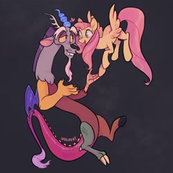 Size: 1440x1440 | Tagged: safe, artist:waackery, discord, fluttershy, draconequus, pegasus, pony, g4, abstract background, eye contact, female, flying, grin, looking at each other, male, mare, open mouth, open smile, ship:discoshy, shipping, signature, smiling, smiling at each other, spread wings, straight, wings